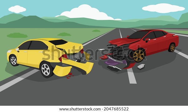 Red car accident hit the back of a yellow car. Front\
of the red car was severely damaged until the oil leaked. Yellow\
car rear bumper broken. On asphalt road and wide meadows during the\
day.