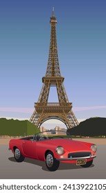 
Coche rojo al fondo de la Torre Eiffel. Vector.