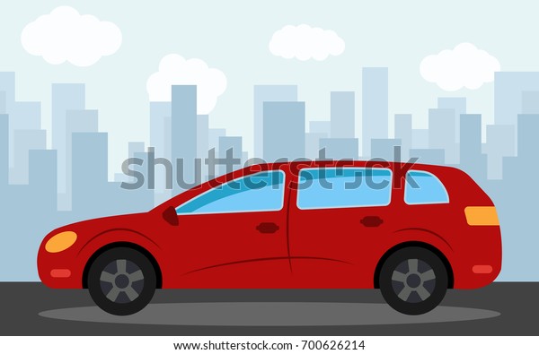 Red car in the background of skyscrapers\
in the afternoon.  Vector\
illustration.\
