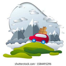 Red car with baggage in scenic nature landscape, mountain range in background, clouds in the sky, paper cut vector illustration of summer holidays travel and tourism, family or friends.  