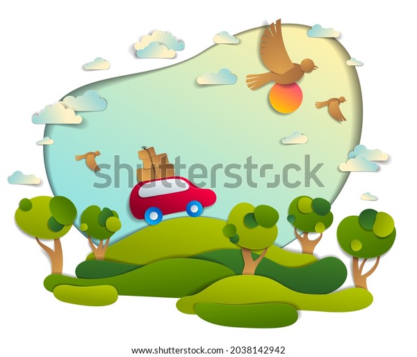Red car with baggage in scenic nature landscape,\
green fields and trees, birds and clouds in the sky, paper cut\
style vector illustration of summer holidays travel and tourism,\
family or friends.