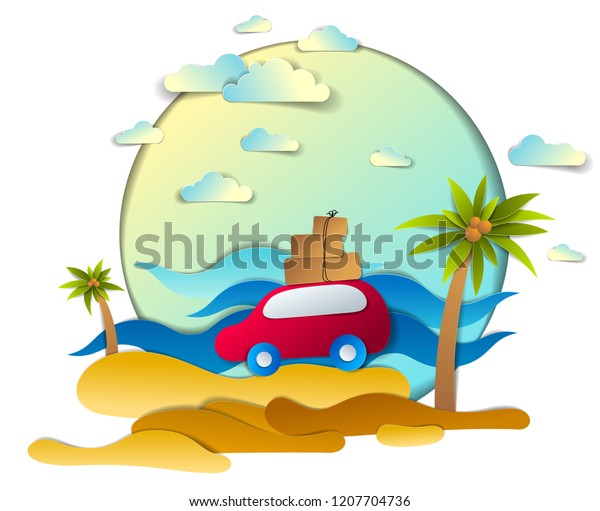 Red car\
with baggage in scenic seascape with beach and palms, waves, clouds\
in the sky, paper cut style vector illustration of summer holidays\
travel and tourism, family or friends. \

