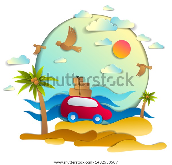 Red car with baggage in scenic seascape with\
beach and palms, waves, birds and clouds in the sky, paper cut\
style vector illustration of summer holidays travel and tourism,\
family or friends.
