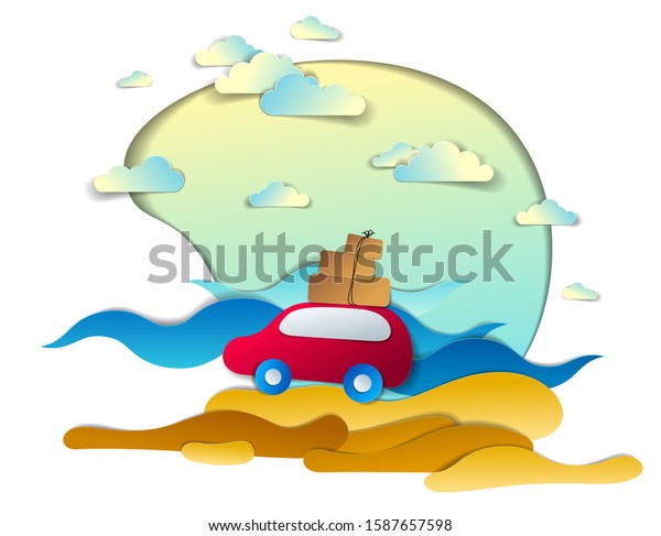 Red car
with baggage in scenic seascape with beach and palms, waves, clouds
in the sky, paper cut style vector illustration of summer holidays
travel and tourism, family or friends. 
