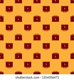 Red Car battery icon isolated seamless pattern on brown background. Accumulator battery energy power and electricity accumulator battery. Lightning bolt symbol. Flat design. Vector Illustration