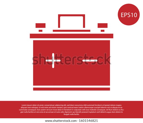 Red Car battery icon isolated on white\
background. Accumulator battery energy power and electricity\
accumulator battery.  Vector\
Illustration