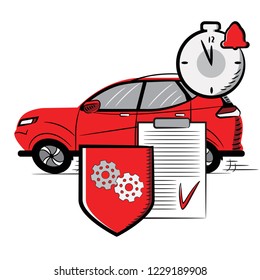 Red Car Behind the Shield with Gears and White Blank with a Tick. Watch, Stopwatch with Yellow Bell. Sketch-Style Icon. Symbol. Sign. Stock Vector Illustration. Transparence. White Isolated