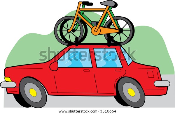 Red car with bicycles on\
a roof rack