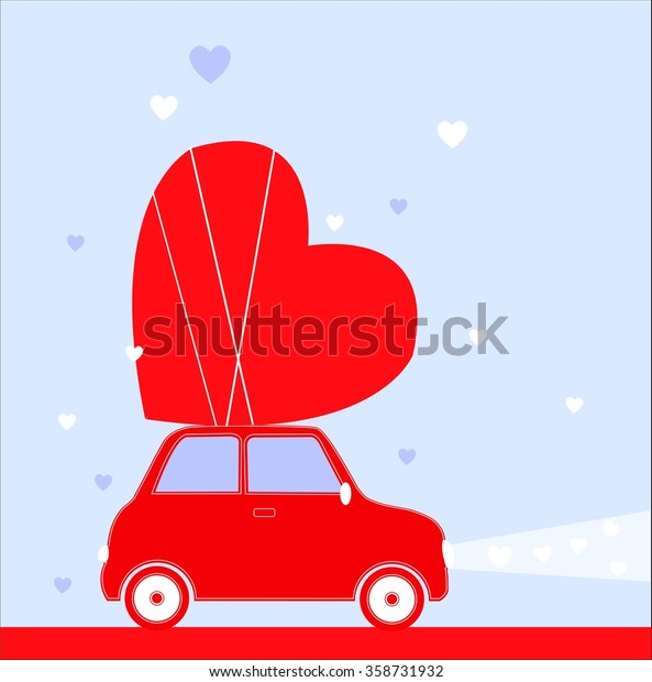 Red car  with big heart. Valentine\'s Day\
vector illustration.