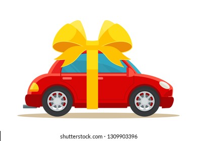 Red car with big yellow ribbon and bow. New car gift. Business vector illustration, flat style, isolated on white background.