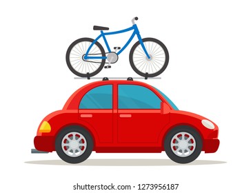 Red car with bike on the roof rack. Vector flat illustration. 