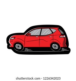 Red Car with Black Contour Sticker. Sketch-Style Icon. Symbol. Sign. Stock Vector Illustration. Transparent. White Isolated.
