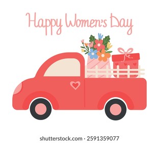 Red car with a bouquet of flowers and a gift box in the back congratulations on International Women's Day. Vector illustration of a holiday card Happy Women's Day, eps 10