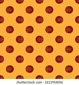 Red Car brake disk with caliper icon isolated seamless pattern on brown background.  Vector Illustration