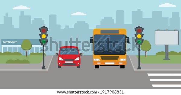 Red Car Bus Stopped Traffic Light Stock Vector (Royalty Free) 1917908831