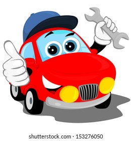 the red car in the cap, holding a wrench and shows that all is well