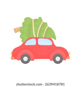 Red car carries a Christmas tree. Element of the New Year. Illustration for a postcard