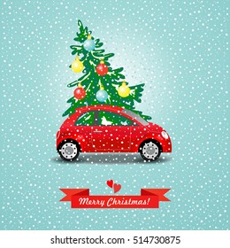 Red car carries an ornate Christmas tree. Vector illustration. Merry Christmas!
