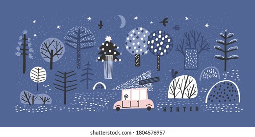 Red car carries a spruce tree. Winter Night landscape. Winter vector set of different Christmas fir trees, light red car with moon and stars in the sky.