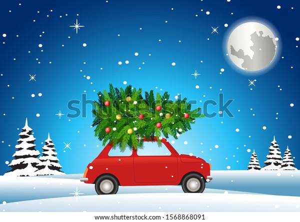 red car carry on christmas tree\
to decorate on big holiday in winter night,vector\
illustration