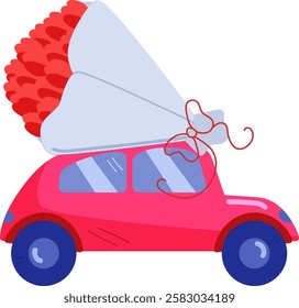 A red car carrying a bouquet of flowers on white background. Minimalism. Valentines day card. Flower delivery. International Womens Day, Mother's day.  Vector illustration.