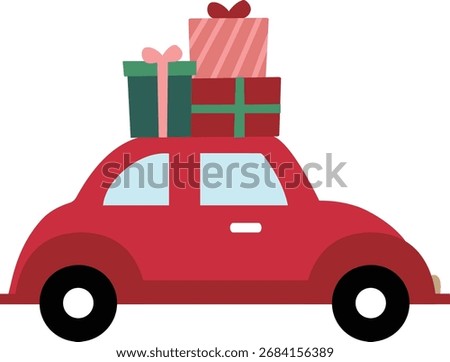 Red car carrying gift box flat vector illustration isolated.
Transparent background.
