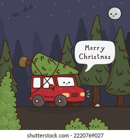 red car carrying pine trees to make a Christmas tree kawaii doodle flat cartoon vector illustration
