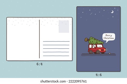 red car carrying pine trees to make a Christmas tree  kawaii doodle flat cartoon postcard vector