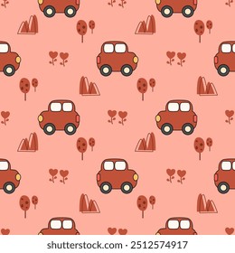 Caricatura de carro vermelho tão fofo. No fundo da flor da árvore de montanha. Ilustração de vetor uniforme de padrão. 
