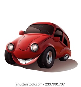 Red car in cartoon style. A beautiful drawing of a car for children. Vector illustration.