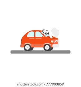Red car character with eyes and face emotions broken down with sad face, having smoke from its hood. Vector flat illustration isolated on a white background.
