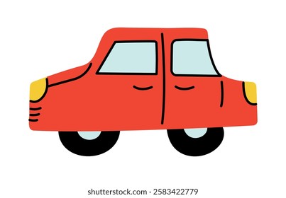 Red Car. Children drawing. Isolated on white background. Personal vehicle. Simple Automobile doodle. Primitive drawn Sedan from side. Wheeled transport, headlights. Color image. Vector illustration