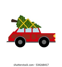 Red car with christmas tree. Christmas decoration. Vector illustration