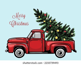 Red car with a Christmas tree. Hand drawn vector illustration.