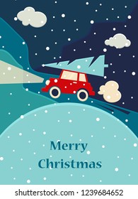 Red car with a Christmas tree. Merry Christmas background
