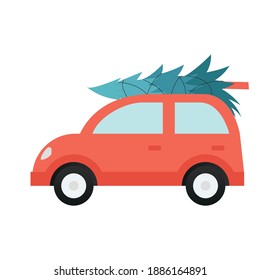 Red car with christmas tree on the roof, for holidays. Vector illustration.