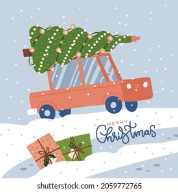 Red Car with a christmas tree on the roof driving on a snowy road and a snowdrift. Greeting card with gift boxes and lettering text. Vector flat hand drawn illustration