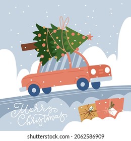 Red car with Christmas tree on tre roof on the snowy landscape background. Side view festive vehicle. Xmas greeting card with lettering. Vector flat hand drawn illustration.