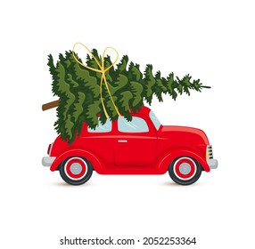 Red car with Christmas tree, postcard isolated on white background. Vector flat style illustration.