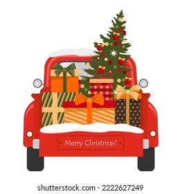 Red car with a Christmas tree and presents in the trunk. Red truck with Christmas presents in the back. Illustrated vector element.