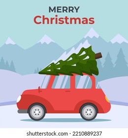 Red Car With Christmas Tree Vector Illustration In Flat Style For Postcard Or Banner