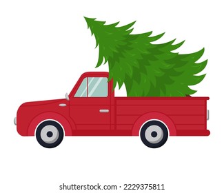 Coche rojo con un árbol de Navidad. Ilustración vectorial.