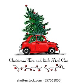 red car and Christmas tree vector card