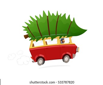 red car with Christmas tree, 
vector illustration on white background