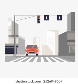 Red car at a city crosswalk with traffic lights in flat vector illustration symbolizing urban transportation, commuting, and road safety, isolated on white background.