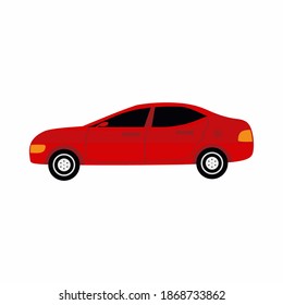 Red car. Classical sedan stylish in color cartoon flat style. City transport theme. Modern urban civilian vehicles. Vector illustration isolated on white background.