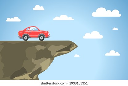 Red Car At The Cliff In Sunny Day. Unforeseen Travel Obstruction. End Of The Road. Flat Style Vector Illustration.