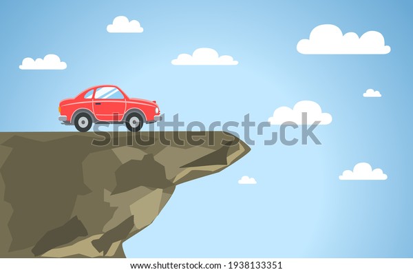 Red car at\
the cliff in sunny day. Unforeseen travel obstruction. End of the\
road. flat style vector\
illustration.
