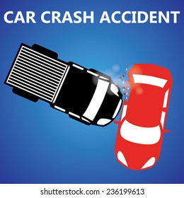 Red car collided with a black pickup truck have side damage.