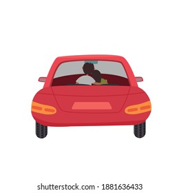 Red car with a couple inside. Silhouette of people in the back seat of a car. Vector flat modern